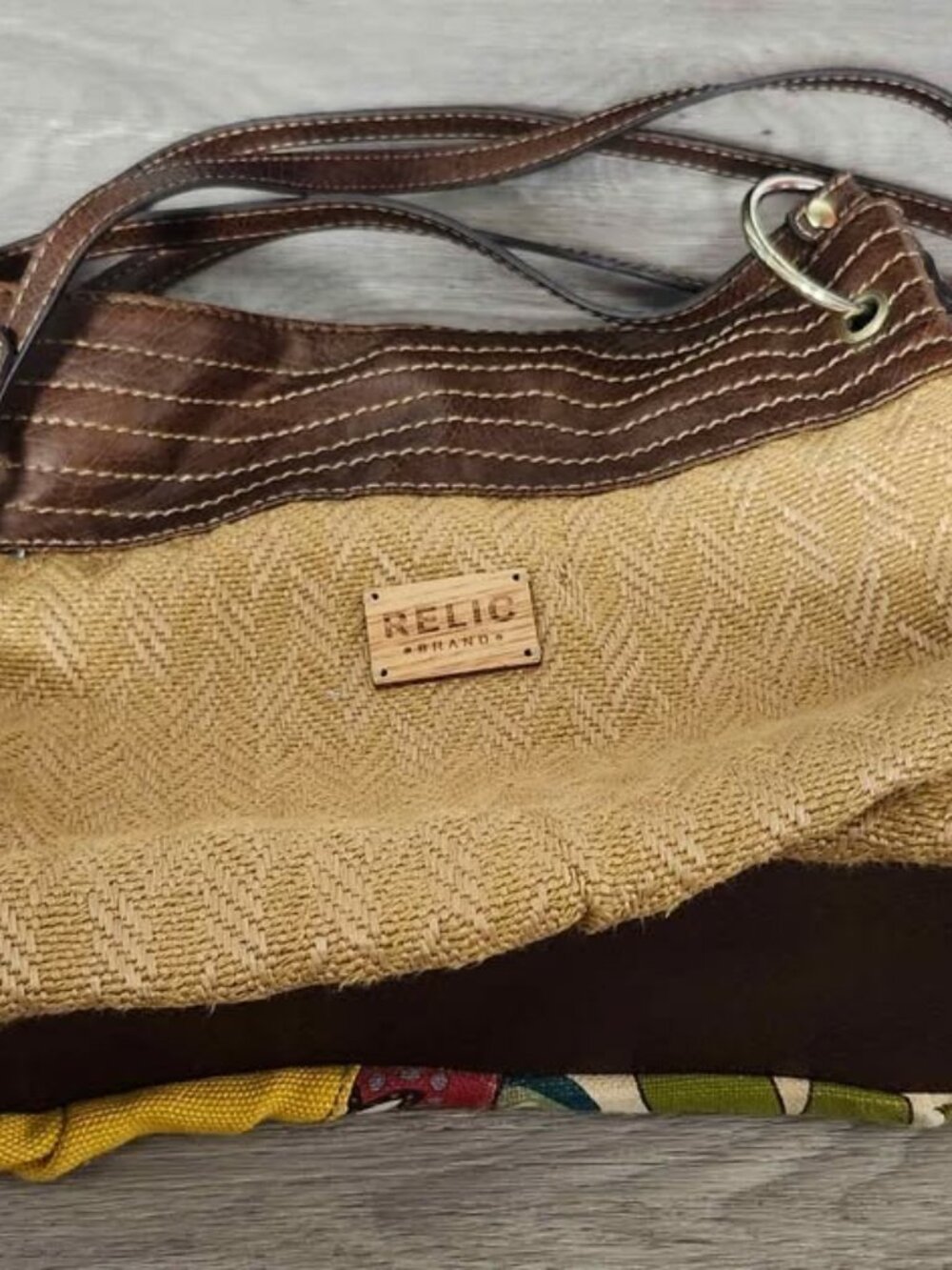 Relic by Fossil Wicker Straw Cotton Patchwork Shoulder bag Handbag Boho
